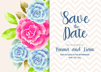 Wedding invitation card, save the date with watercolor flowers, leaves and branches.