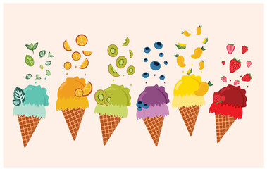 mixed fruit ice cream background such as orange Kiwi blueberry mango strawberry mint