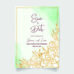Wedding invitation card, save the date with watercolor background, golden flowers, leaves and branches.
