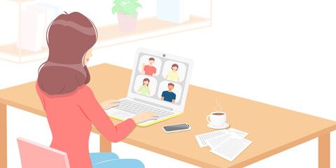 woman working from home office conference with laptop and phone on table, drinking coffee. freelance or studying concept. social networks. character 
sitting design at desk in room.