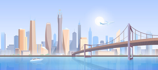 City bridge landscape vector illustration. Cartoon flat modern futuristic metropolis concept, downtown cityscape with high buildings construction skyscrapers, bridge infrastructure, flying air plane