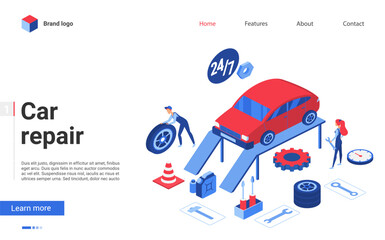 Isometric car repair service vector illustration. Cartoon creative banner design for website with 3d people working in auto garage autoservice center, repairman character repairing automobile vehicle