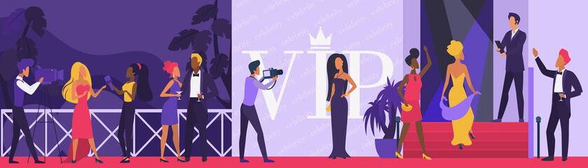 Celebrity vip party vector illustration. Cartoon flat superstar woman man character walking on red carpet, paparazzi taking photo by famous star actor model on celebrity ceremony event background
