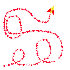 red hearts with plane postcard. Paper flying airplane on white background. Vector symbols of love in shape of heart for Happy Women's, Mother's, Valentine's Day greeting card design