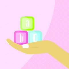 woman hand holds a colorful cubes with letters abc. Vector illustration