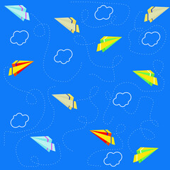 Paper airplanes flying from clouds on blue sky. Paper art style of business teamwork creative concept idea.Vector illustration
