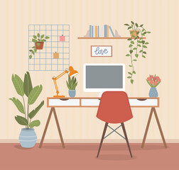 Workplace with computer, mood board and lamp. Houseplants and books on the shelf. Vector flat illustration