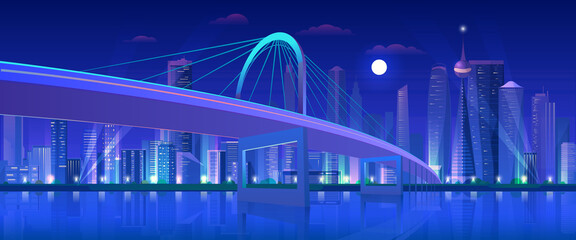 Obraz premium City bridge at night vector illustration. Cartoon flat modern urban neon futuristic skyline, cityscape tower skyscrapers downtown, highway bridge over water. Future waterfront landscape background