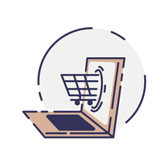 vector laptop computer online shop. Laptop and cart, online marketing elements. shopping from home. Illustration E-commerce Shopping Symbols.