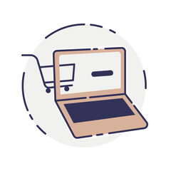 vector laptop computer online shop. Laptop and cart, online marketing elements. shopping from home. Illustration E-commerce Shopping Symbols.