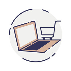 vector laptop computer online shop. Laptop and cart, online marketing elements. shopping from home. Illustration E-commerce Shopping Symbols.