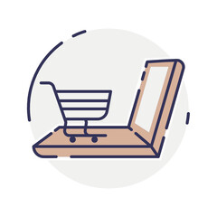 vector laptop computer online shop. Laptop and cart, online marketing elements. shopping from home. Illustration E-commerce Shopping Symbols.