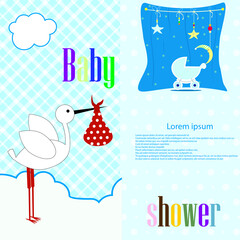Cute baby announcement card. Vector illustration of a Happy Birthday Invitation with stork.