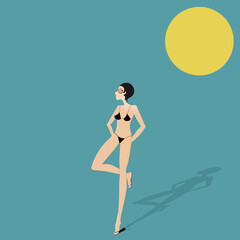 woman in swimsuit, with sunglasses, sun and blue background
