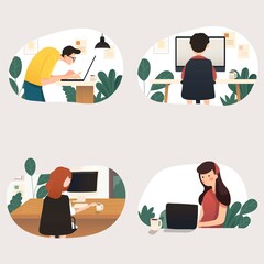 Freelancer character working from home  at relaxed space. Freelance people working on laptops and computers from home. Flat style vector illustration of character working from home.