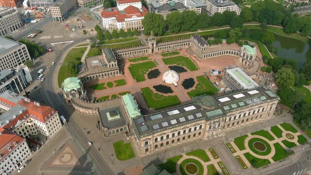 Aerial view of cityscape of Dresden, baroque palace Zwinger and opera house Semperoper Dresden in historic centre of capital city of Saxony - landscape panorama of Germany from above, Europe
