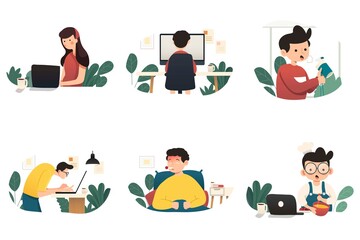 Working at home, concept illustration. Freelance people working on laptops and computers from home. Flat style vector illustration of character working from home.