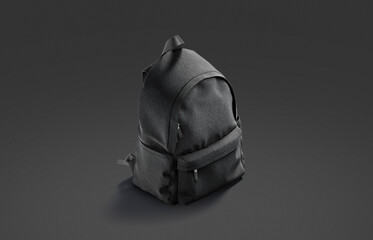 Blank black closed backpack with zipper mockup, dark background