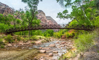 A bridge spanning the Virgin River in Zion national park, Utah in springtime