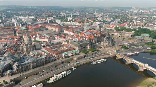 Aerial view of cityscape of Dresden, baroque palace Zwinger and opera house Semperoper Dresden in historic centre of capital city of Saxony - landscape panorama of Germany from above, Europe