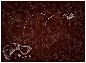 Coffee Time, Illustration Hand Drawn Sketch of A Cup of Hot Coffee Served With Freshly Homemade Croissant on Brown Background.
