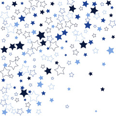 Confetti of shooting stars. Blue, shades of blue stars. Luxury holiday background. Abstract texture on a white background. Design element. Vector illustration, eps 10.