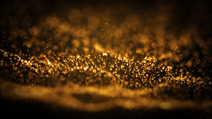 Abstract golden yellow glowing particle burning with fire effect in outer space background. 3D illustration render