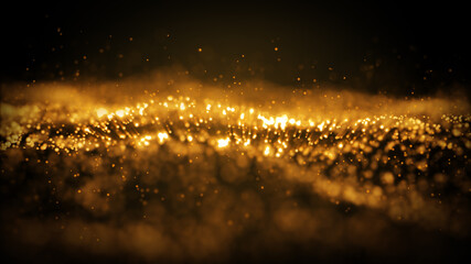Abstract golden yellow glowing particle burning with fire effect in outer space background. 3D illustration render