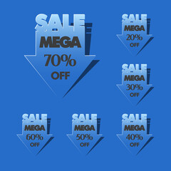 Mega Sale Arrow sticker banner set in pop-art style. The global fall in prices sticky label. Many % OFF. Abstract pointer background. Advertising cursor poster. illustration