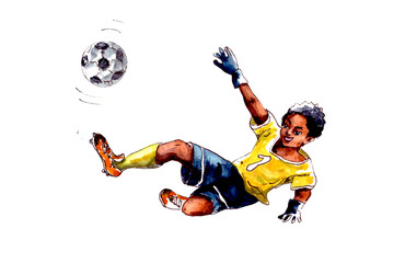 Hand-drawn watercolor illustration. Children's sports: football, a boy goalkeeper in a yellow football uniform catches the ball, reflects the blow. Isolated on a white background