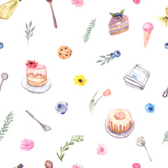 Seamless pattern for cake shop and bakery, kitchen with floral elements leaves and flowers roses, cake, and stationary blender, cooks. Watercolor illustration.Kitchenwear