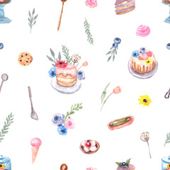 Seamless pattern for cake shop and bakery, kitchen with floral elements leaves and flowers roses, cake, and stationary blender, cooks. Watercolor illustration.Kitchenwear