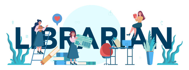 Librarian typographic header concept. Library staff holding and sorting