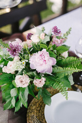 flowers,bridal decor closeup.Decoration made of peonies,roses and decorative plants