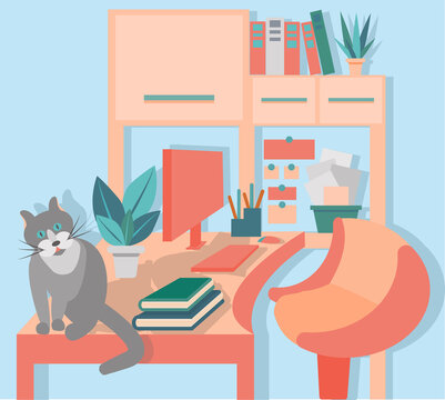 Cute cat sitting on the desktop. Working from home, remote job. Freelance, e-learning concept. Cozy home office. Desk, office chair, computer, home plants. Workplace vector illustration.Cartoon style.