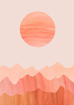 Watercolor Abstract Orange Mountains On Neutral Pink Background. Modern Illustration For Posters, Wall Decor, Cards. Landscape With Moon Painting.