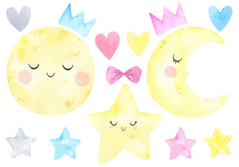Cute moon, hearts, stars, crown watercolor. Sleep, good night, sky, sweet dreams. Watercolor prints baby room, baby shower, greeting card. Hand drawn illustration. Nursery decor. Scandinavian 