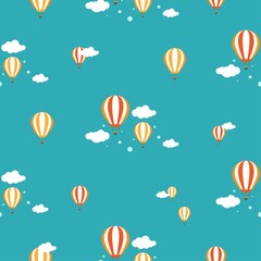 heteluchtballonnen vliegen in de blauwe lucht met wolken. Platte cartoon vectorillustratie.