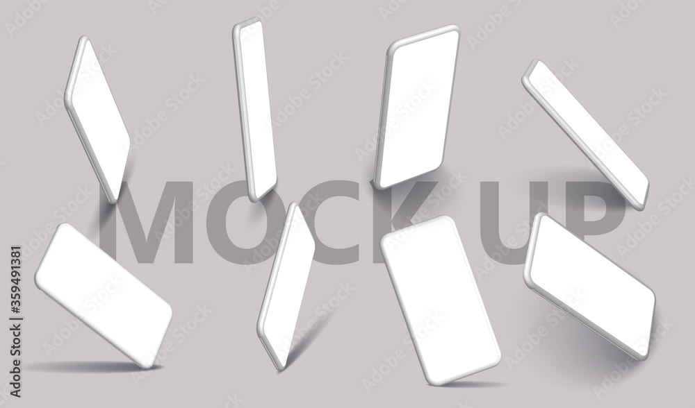 Aufkleber Smartphone mockup in rotated position. Mobile from different angles with blank screen. Minimalist modern clay mockup smartphones for presentation UI/UX. Vector illustration