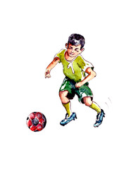 Fototapeta na wymiar watercolor illustration of a boy in green uniform playing football with a ball. isolated on a white background
