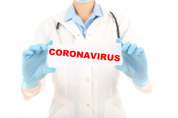 Doctor holding paper with text Coronavirus