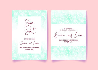 Wedding invitation card, save the date with watercolor background, flowers, leaves and branches.