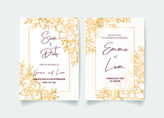 Wedding invitation card, save the date with golden flowers, leaves and branches.