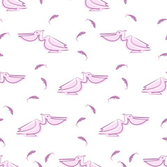 Pelican pattern. Pink pelican, fish. Vector isolated  illustration. Linear image of bird. White background. Design for business project, textile, website background, web page.