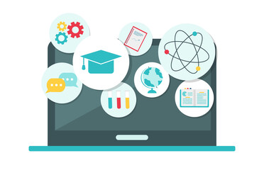 Online education concept. Icons for education, online learning infographics design, web elements, Chemistry, geography, mathematics school subjects. Vector illustration in flat style. 