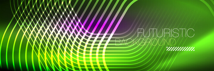 Obraz premium Shiny neon lines, stripes and waves, technology abstract background. Trendy abstract layout template for business or technology presentation, internet poster or web brochure cover, wallpaper