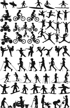 Children girl and boy playing and jumping vector silhouette collection