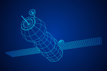 Space station communications satellite. Wireframe low poly mesh vector illustration.