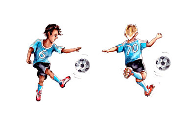 Fototapeta na wymiar watercolor illustration of two boys in blue uniforms playing soccer with a white ball.isolated on a white background