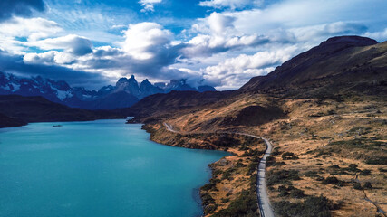 Fototapeta na wymiar Aerial View to the Amazing Blue Water of the Lago Pehoe in the Torres Del Paine National Park, Patagonia, Chile